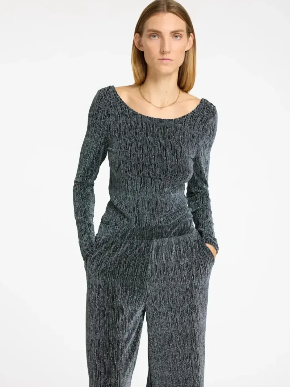 Outlet SLFANITA LS LOW BACK TOPBlack SILVER LUREX Shirts & Tops