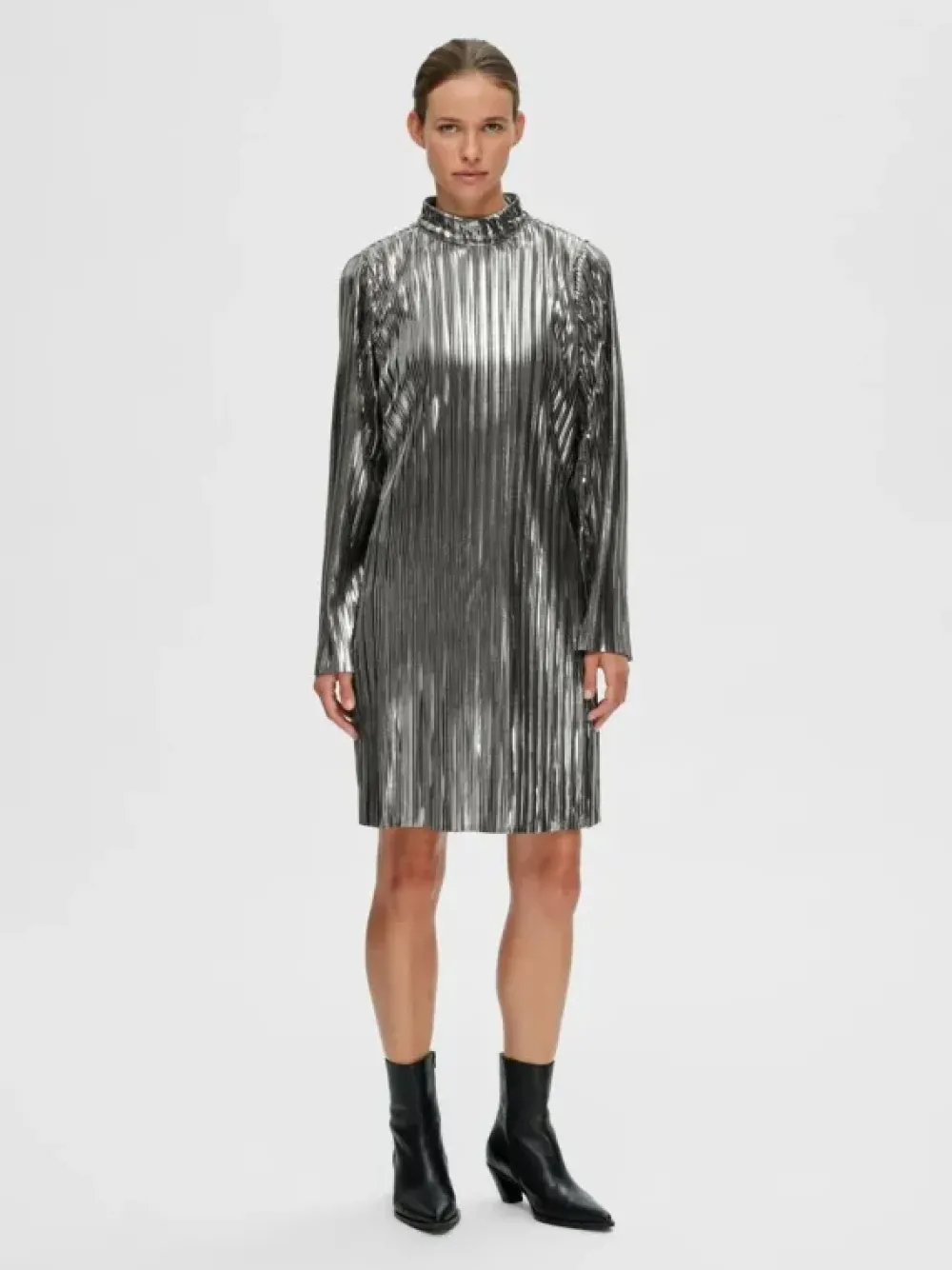 Discount SLFNALINE LS HIGH NECK SHORT PLISSE DRES - Silver Jurken